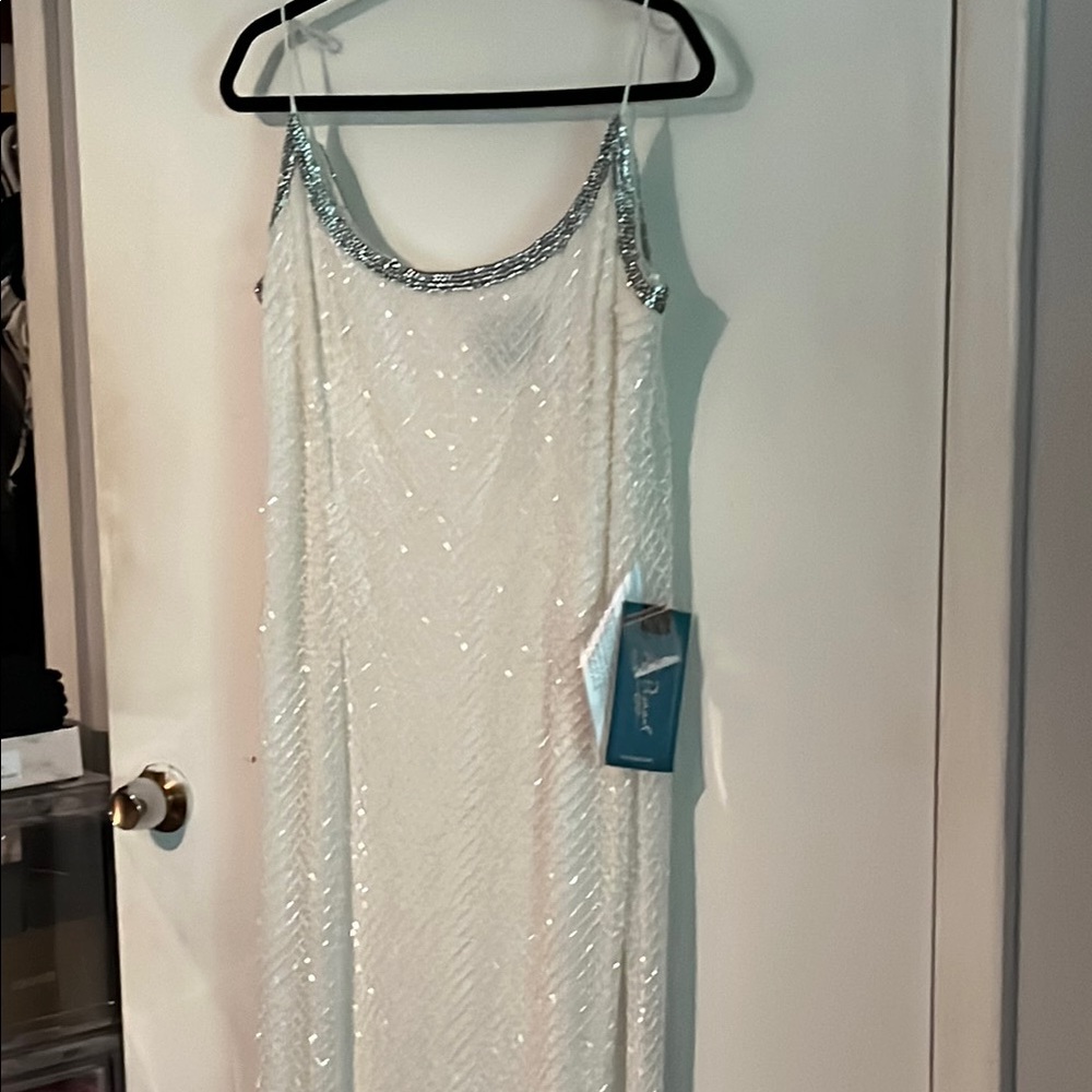 Mac Duggal Elegant White Gown with white bead Accents BNWT size 14